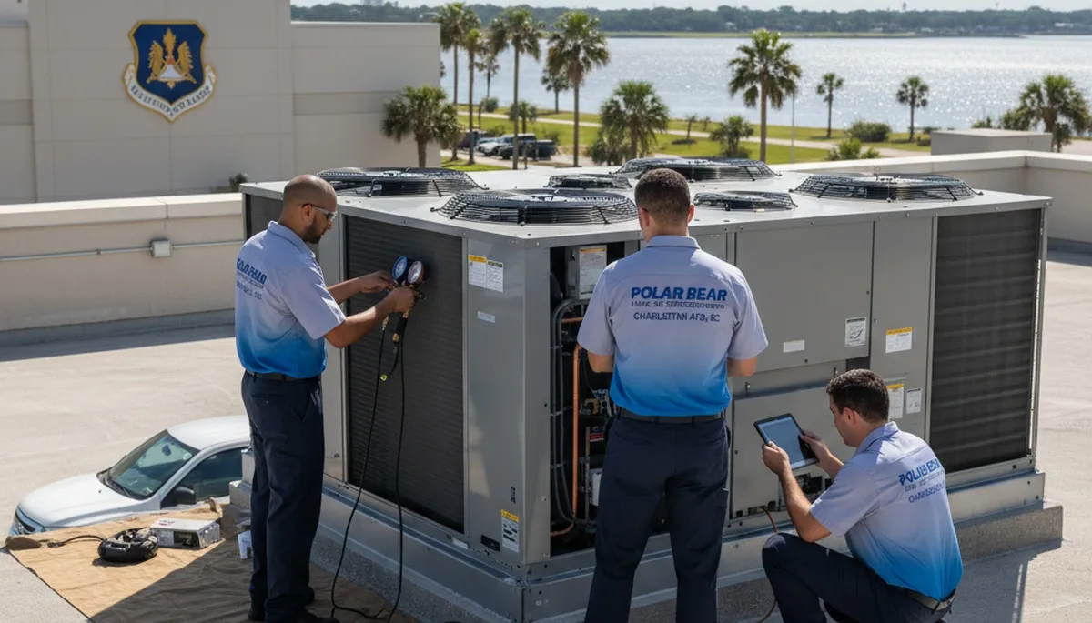 Professional AC repair technician servicing air conditioner in Charleston SC home