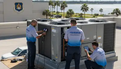 Professional AC repair technician servicing air conditioner in Charleston SC home