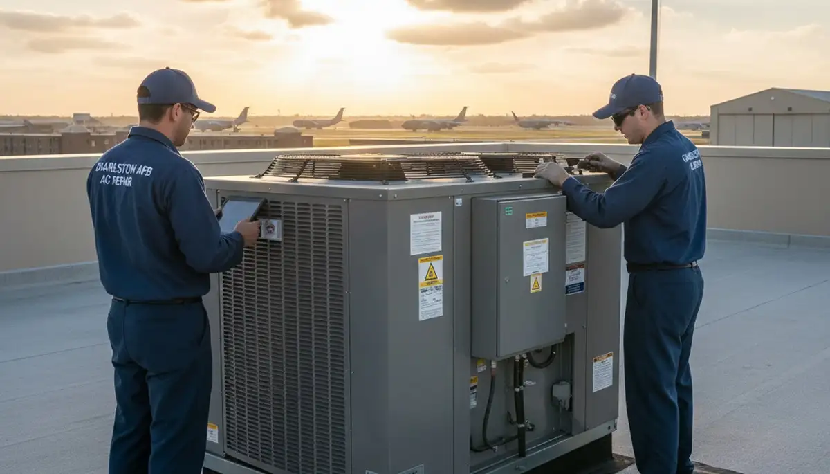 Professional AC repair technician servicing air conditioner in Charleston SC home