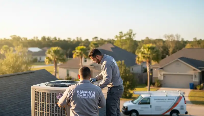 Professional AC repair technician servicing air conditioner in Charleston SC home