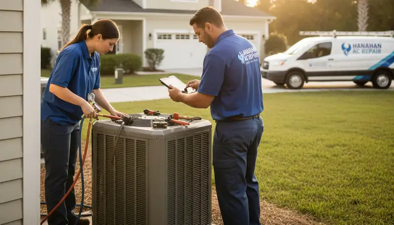 Professional AC repair technician servicing air conditioner in Charleston SC home