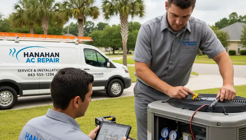 Professional AC repair technician servicing air conditioner in Charleston SC home