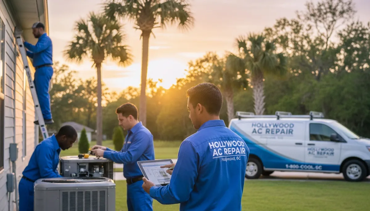 Professional AC repair technician servicing air conditioner unit in Charleston SC home