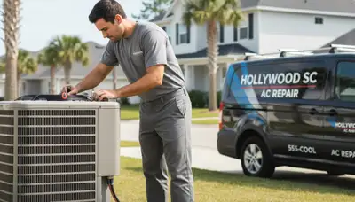 Professional AC repair technician servicing air conditioner in Charleston SC home