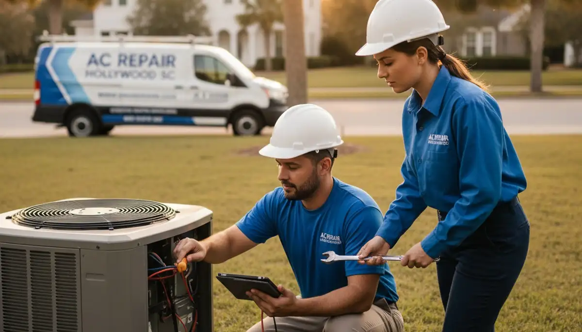 Professional AC repair technician servicing air conditioner in Charleston SC home