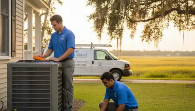 Professional AC repair technician servicing air conditioner unit in Charleston SC