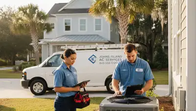 Professional AC repair technician servicing air conditioner in Charleston SC home