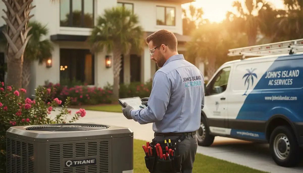 Professional AC repair technician servicing air conditioner in Charleston SC home