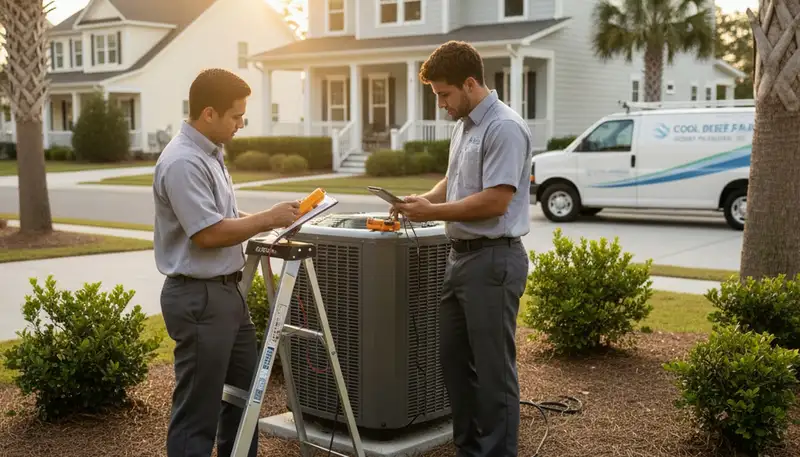 Professional AC repair technician servicing air conditioner in Charleston SC home