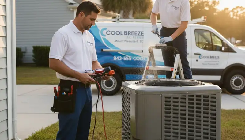Professional AC repair technician servicing air conditioner in Charleston SC