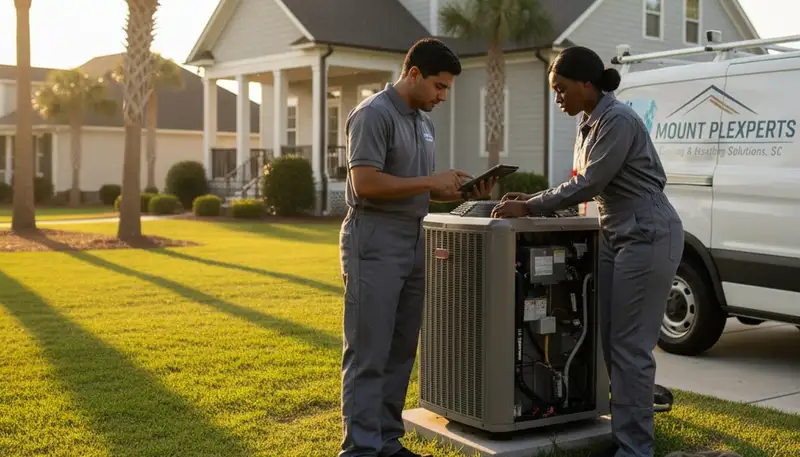 Professional AC repair technician servicing air conditioner in Charleston SC home