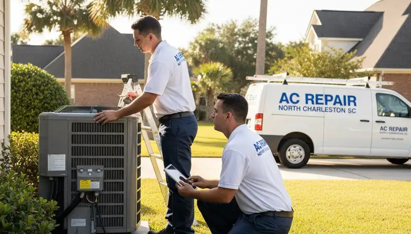 Professional AC repair technician servicing unit in Charleston, SC home