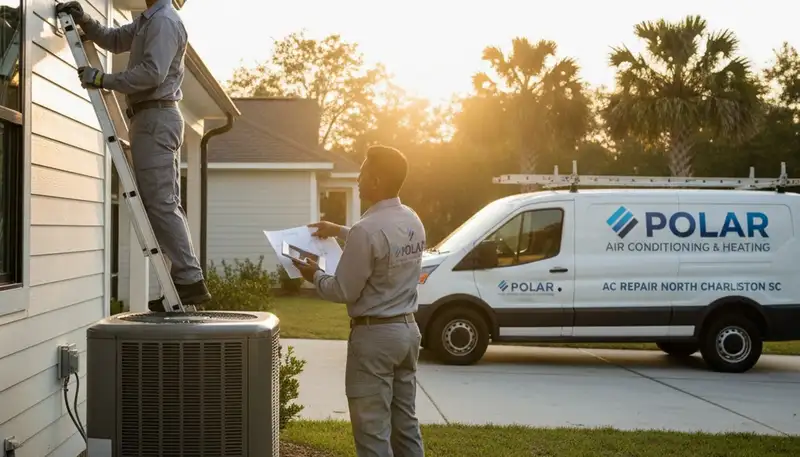 Professional AC repair technician servicing air conditioner unit in Charleston SC home
