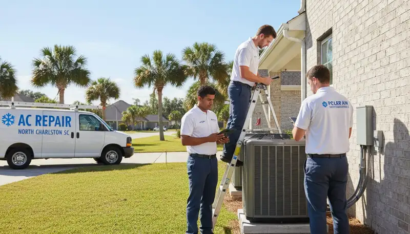 Professional AC repair service technician in Charleston SC fixing residential air conditioning unit