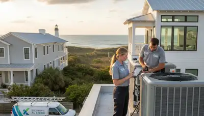 Professional AC repair service team in Charleston SC fixing residential air conditioning unit