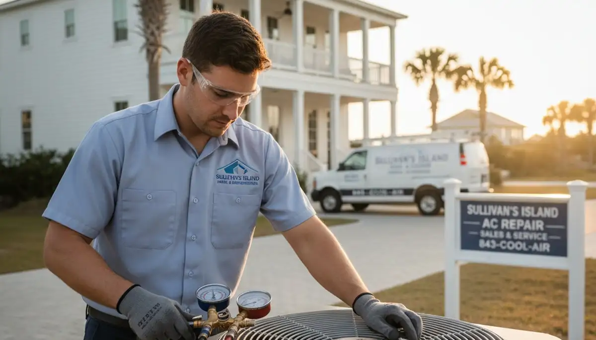 Professional AC repair technician servicing residential unit in Charleston SC