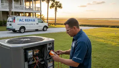 Professional AC repair technician servicing air conditioner in Charleston SC home