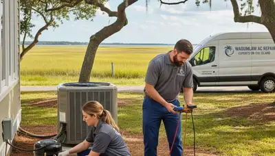 Professional AC repair technician servicing air conditioner in Charleston SC home