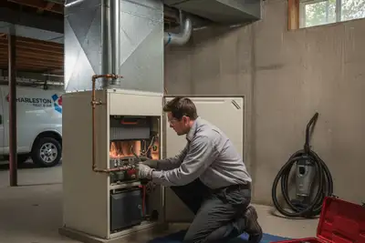 Technician performing residential heating repair in Charleston SC with tools and HVAC system visible