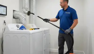 Technician performing dryer vent cleaning service in Charleston SC for improved home air efficiency