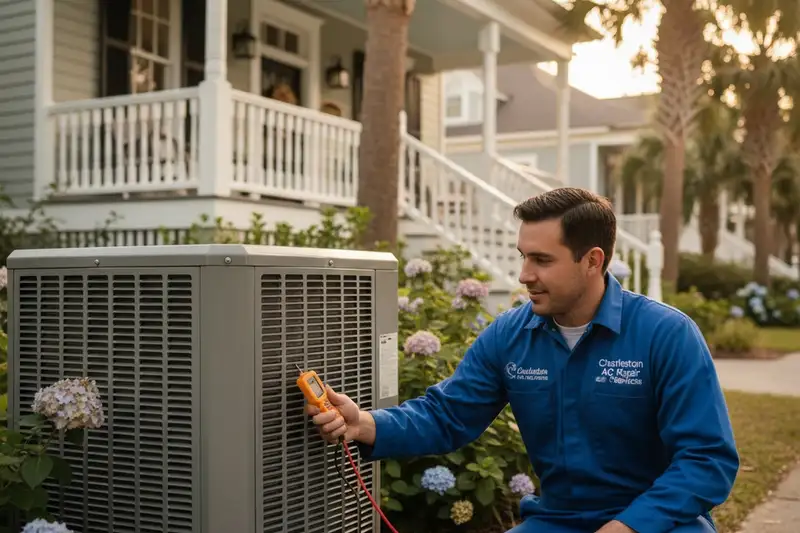 Technician inspecting repaired AC system for quality and performance in Charleston, SC