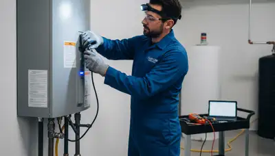 Technician repairing residential water heater in Charleston SC home | Five Star Cooling